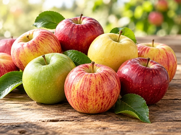 A mix of red, yellow and green apple varieties on a wooden table